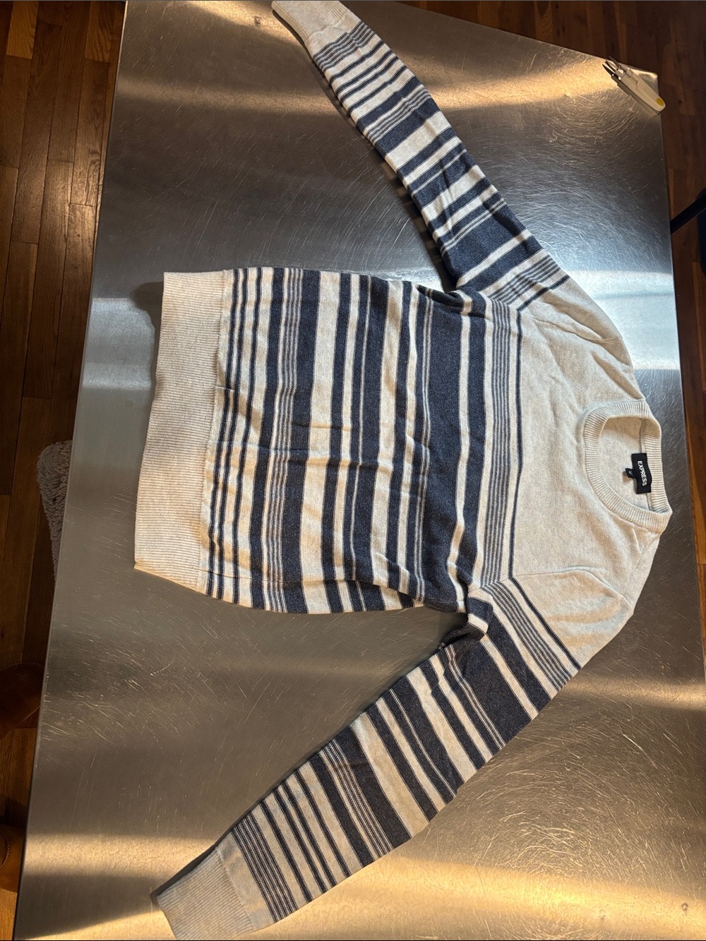 Express Men's Crewneck Sweater in Navy and Cream Stripes